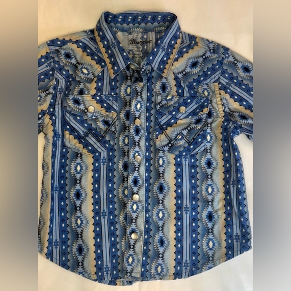 Wrangler Toddler Western Snap Shirt Blue Print | Size 3T | 100% Cotton - Picture 5 of 5